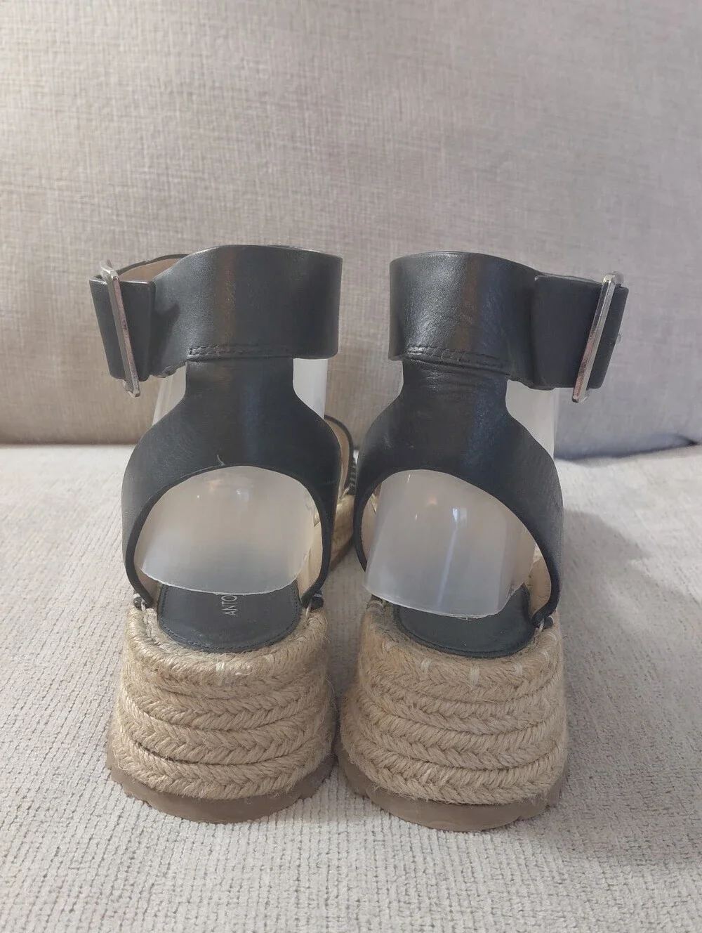 ANTONIO MELANI Black Leather Espadrille Platform Sandals Size 9.5